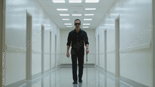 Wallpaper Mural A man with blindness walking down a hospital corridor with his cane wearing sunglasses with white walls and polished floors reflecting the light Torontodigital.ca