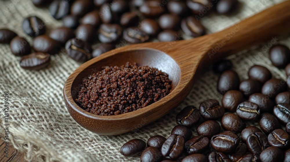 Fototapeta premium A wooden scoop filled with freshly ground coffee, resting on a textured burlap cloth, surrounded by dark roasted coffee beans