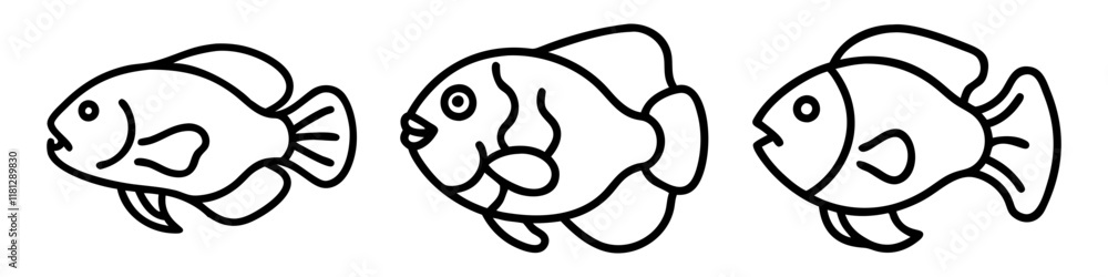 oscar fish icon, fish line art, fish vector - simple black line art icon of oscar fish perfect for logos, and fish-themed designs. oscar fish icon, fish line art, fish vector - simple black line art icon of oscar fish perfect for logos, and fish-themed designs.