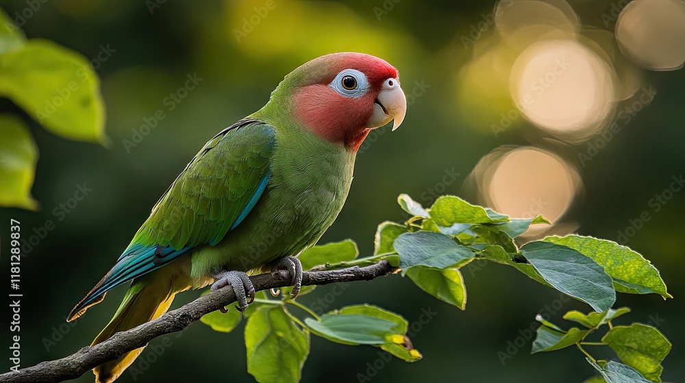 Obraz premium A colorful parrot perched on a branch surrounded by lush green leaves and soft bokeh lights.