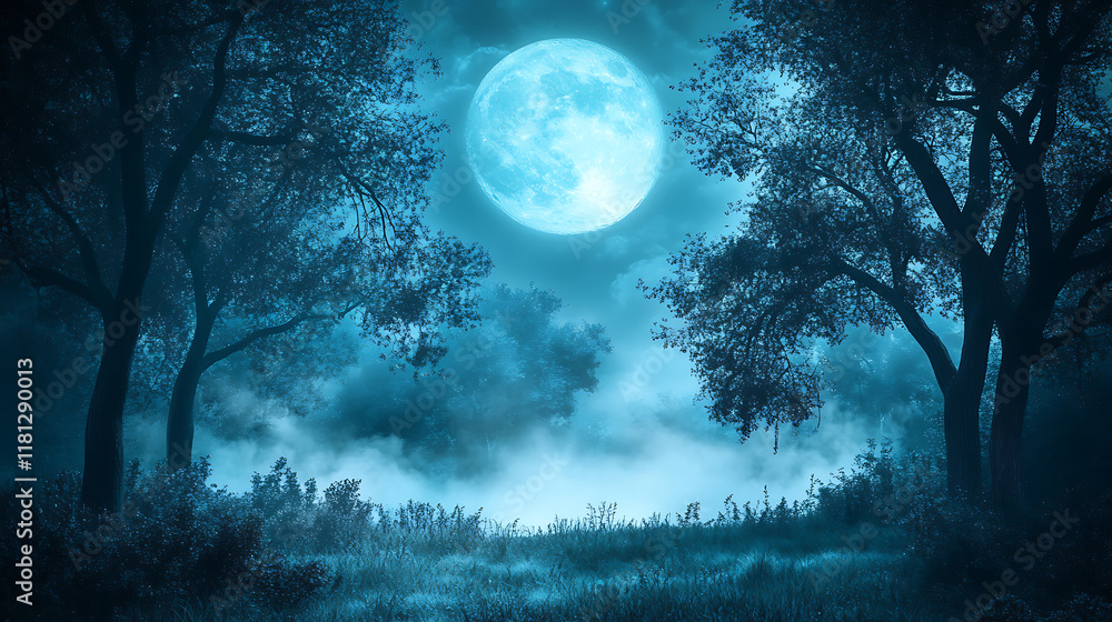 Naklejka premium A serene night scene featuring a bright full moon illuminating a misty forest landscape.