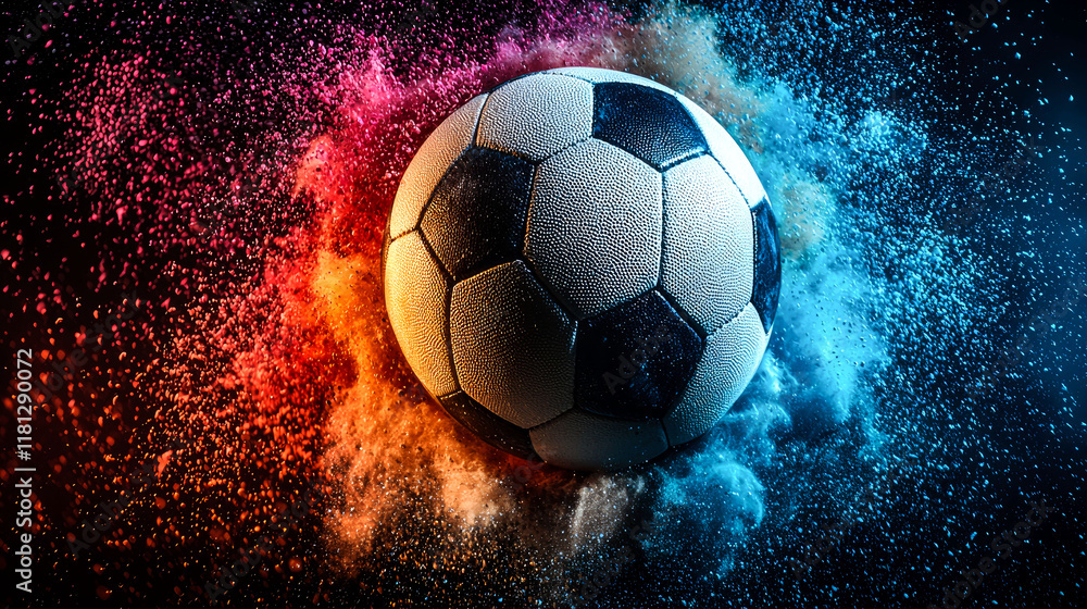 Naklejka premium Soccer Ball in vibrant color explosion. Dynamic sports wallpaper. Football game action, competition, energy, motion, speed, power, and excitement.