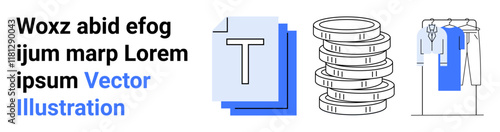 Random text, letter T on blue stack, pile of coins, clothing rack with shirts, ties, and pants. Ideal for finance, fashion design concepts portfolio website digital media advertising. Landing