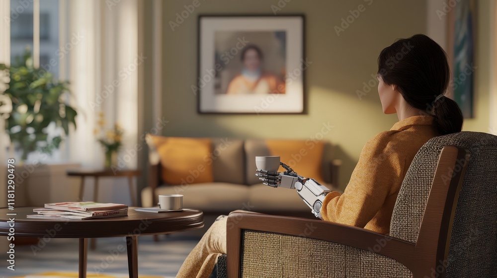 A woman with a robotic arm seated in a hospital lounge sipping tea surrounded by comfy chairs coffee table with magazines and warm lighting A woman with a robotic arm seated in a hospital lounge sipping tea surrounded by comfy chairs coffee table with magazines and warm lighting
