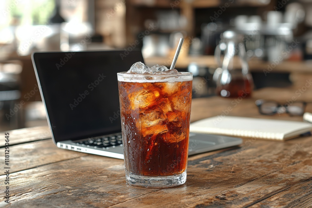 Refreshing cold brew coffee with ice at a cozy workspace beverage photography indoor setting invigorating concept Refreshing cold brew coffee with ice at a cozy workspace beverage photography indoor setting invigorating concept