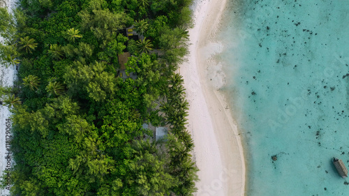 Wallpaper Mural Aerial view of tropical beach and lush forest surrounding turquoise ocean, Avarua, Cook Islands. Torontodigital.ca