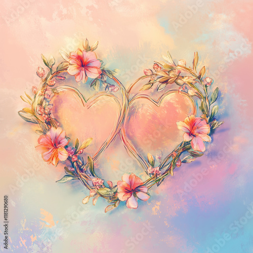Floral hearts with vibrant blossoms on pastel background