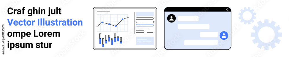 Chart with data points, chat interface with messages and user icons, gear icons in background. Ideal for business analytics, communication tools, technology systems, data management, workflow Chart with data points, chat interface with messages and user icons, gear icons in background. Ideal for business analytics, communication tools, technology systems, data management, workflow