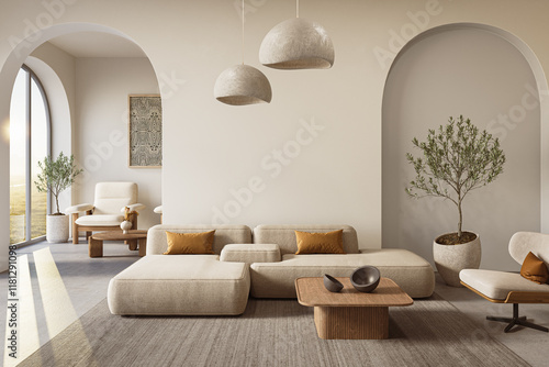 Cozy home interior in light pastel colors with hardwood flooring and arched walls, 3d rendering

