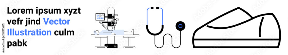 Surgery table with microscope and monitor, black stethoscope, minimalist shoe illustration. Ideal for medical, healthcare, surgical technology, hospital design, footwear industry, medical equipment Surgery table with microscope and monitor, black stethoscope, minimalist shoe illustration. Ideal for medical, healthcare, surgical technology, hospital design, footwear industry, medical equipment