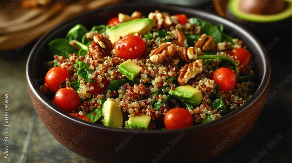 Bowl of nutrient-rich quinoa salad with spinach, cherry tomatoes, avocado, and walnuts, designed to support a balanced diet for expectant mothers Bowl of nutrient-rich quinoa salad with spinach, cherry tomatoes, avocado, and walnuts, designed to support a balanced diet for expectant mothers