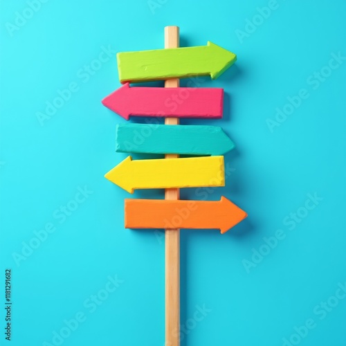 Colorful Directional Signs Against Blue Background