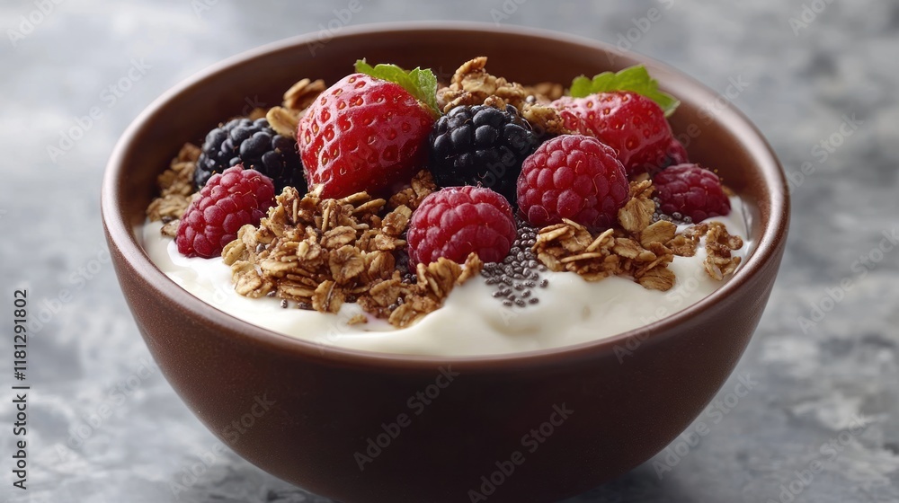 Bowl of plant-based yogurt topped with fresh berries, granola, and chia seeds, designed to look wholesome and energizing Bowl of plant-based yogurt topped with fresh berries, granola, and chia seeds, designed to look wholesome and energizing