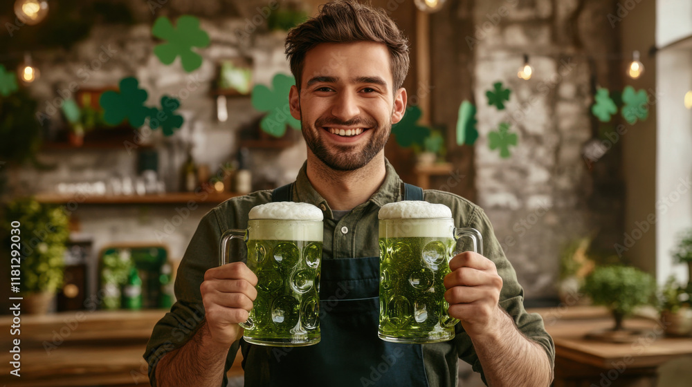 Happy Young Irish Man Celebrating St. Patrick's Day with Holiday Green Beer in Festive Irlend Pub. Banner, poster with copy space Happy Young Irish Man Celebrating St. Patrick's Day with Holiday Green Beer in Festive Irlend Pub. Banner, poster with copy space