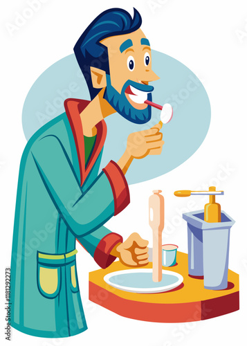  Man brushing his teeth at bathroom sink in home interior. Morning dental care routine, young male cleaning teeth with toothbrush, freshening breath, looking at reflection in mirror.