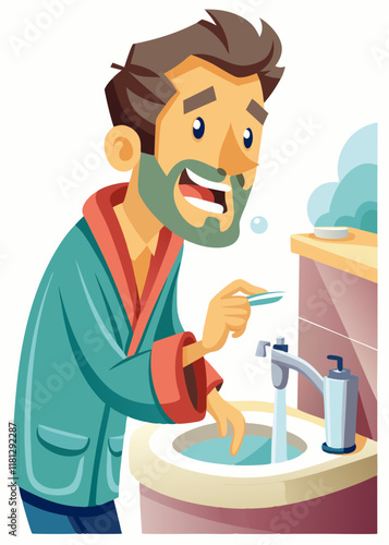  Man brushing his teeth at bathroom sink in home interior. Morning dental care routine, young male cleaning teeth with toothbrush, freshening breath, looking at reflection in mirror.
