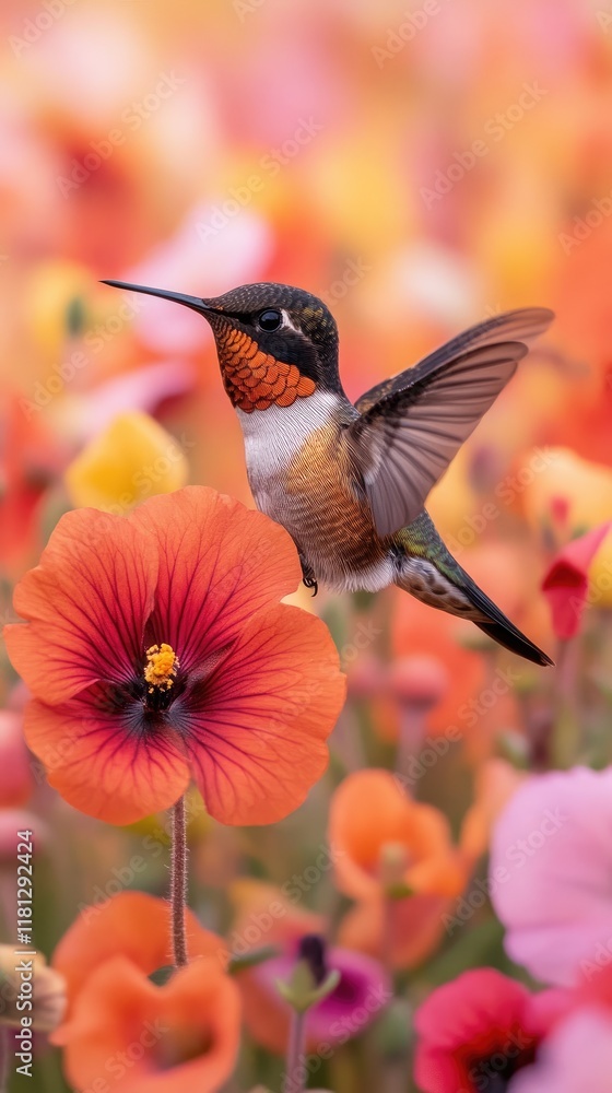 Fototapeta premium A hummingbird hovering over vibrant flowers in a colorful garden.