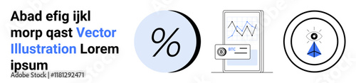 Percentage symbol, smartphone displaying financial graphs, cryptocurrency credit card, eye inside an icon. Ideal for finance, banking, investments, tech, cybersecurity, mobile apps, business Landing