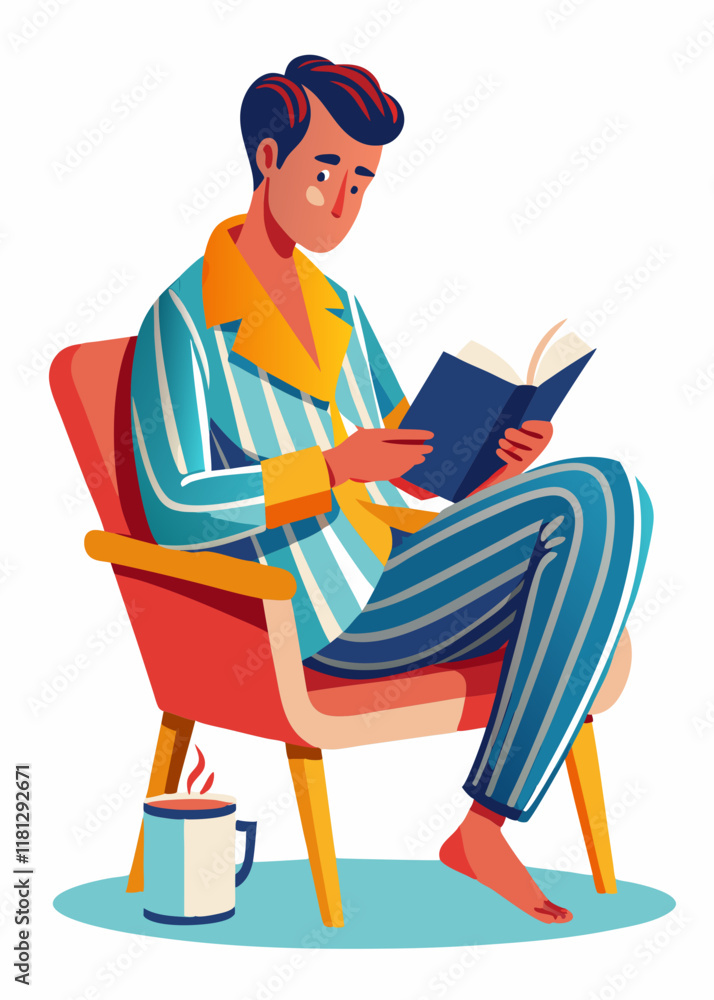 Casual man in pajamas reading a book in a cozy armchair. Relaxed home atmosphere with a warm beverage, enjoying quiet time and self-care.
Casual man in pajamas reading a book in a cozy armchair. Relaxed home atmosphere with a warm beverage, enjoying quiet time and self-care.