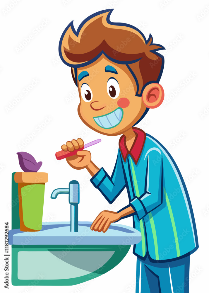 Teenager brushing teeth at bathroom sink. Young boy practicing oral hygiene, smiling in mirror while using toothbrush, morning routine in clean modern restroom.
Teenager brushing teeth at bathroom sink. Young boy practicing oral hygiene, smiling in mirror while using toothbrush, morning routine in clean modern restroom.