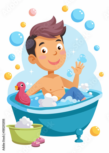 Teenager taking a bath with bubbles and bath toys, relaxing in bathtub, enjoying warm water, hygiene and self-care routine.
