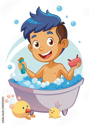 Teenager taking a bath with bubbles and bath toys, relaxing in bathtub, enjoying warm water, hygiene and self-care routine.
