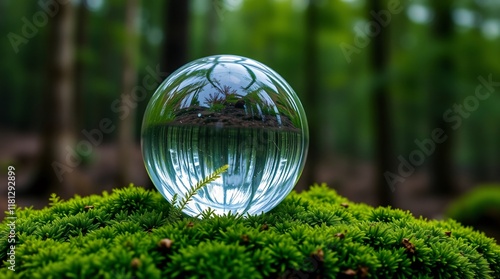 A clear crystal sphere placed delicately on vibrant green moss in a serene forest
