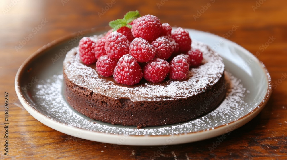 Classic flourless chocolate cake with a rich, dense texture, topped with fresh raspberries and a dusting of powdered sugar Classic flourless chocolate cake with a rich, dense texture, topped with fresh raspberries and a dusting of powdered sugar