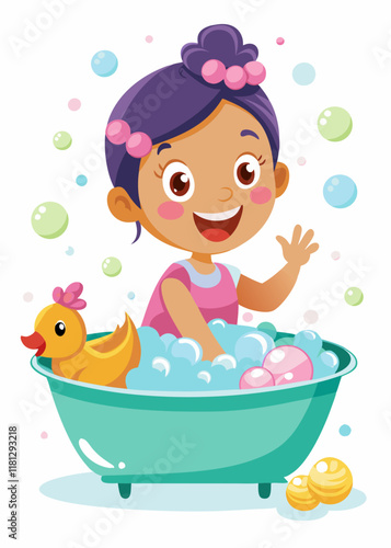 Smiling girl in bathtub with floating bath toys and bubbles