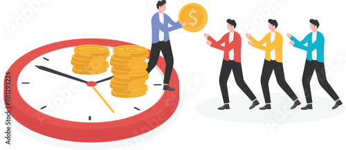 Fast and easy micro loans, landing page template. Group of bank clerks flying on hot balloon and give money to clients.
