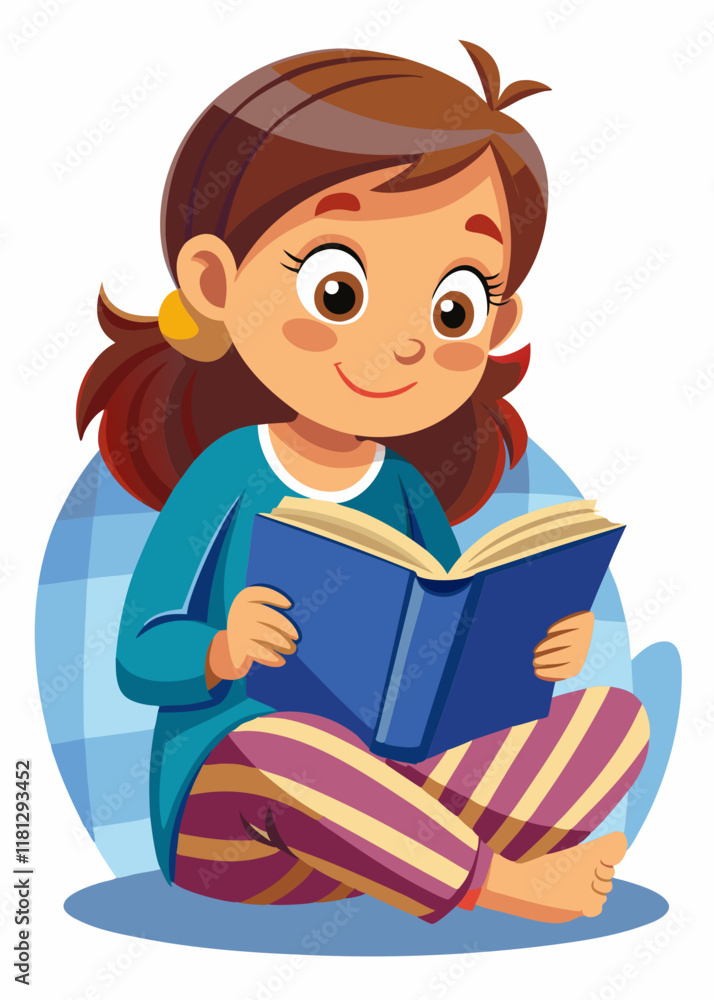 Cute little girl reading a picture book in cozy night dress. Adorable child enjoying bedtime story, holding colorful illustrated book Cute little girl reading a picture book in cozy night dress. Adorable child enjoying bedtime story, holding colorful illustrated book
