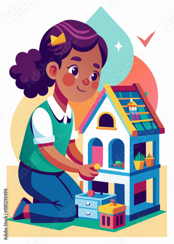 Cute girl setting up a dollhouse with toys. Adorable child playing with miniature furniture and tiny figurines, arranging a toy home with creativity and joy.