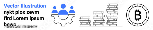 Blue and black business-themed graphics. Includes teamwork icon with three figures and gear, stack of coins indicating growth, and cryptocurrency bitcoin symbol. Ideal for financial services