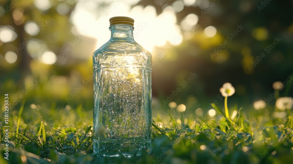 Clear mineral water in a glass bottle is placed on grass in the garden. Morning sunlight shines through the bottle beautifully. Clear mineral water in a glass bottle is placed on grass in the garden. Morning sunlight shines through the bottle beautifully.