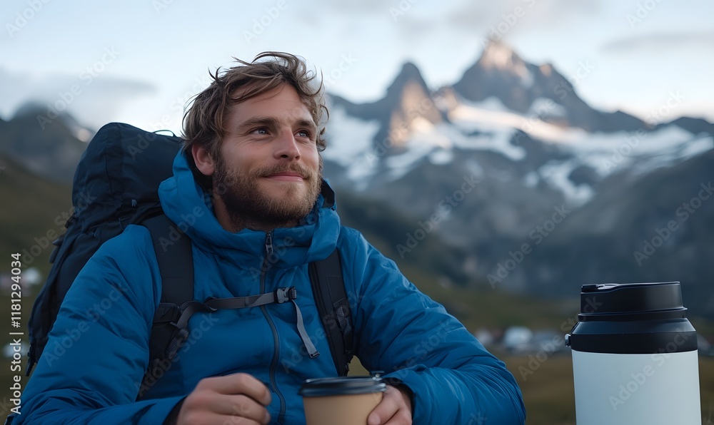 He is sitting on the Alpine mountains drinking coffee, Generative AI He is sitting on the Alpine mountains drinking coffee, Generative AI