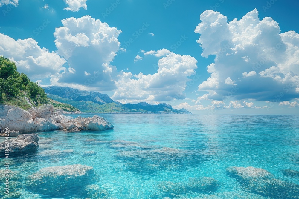 Tranquil blue waters and scenic clouds over a coastal landscape with rocky shoreline Tranquil blue waters and scenic clouds over a coastal landscape with rocky shoreline