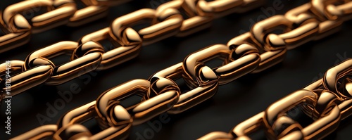 Close-up of shiny golden chains arranged in a row, showcasing intricate links and craftsmanship. Ideal for themes related to strength, connection, and industrial applications. photo