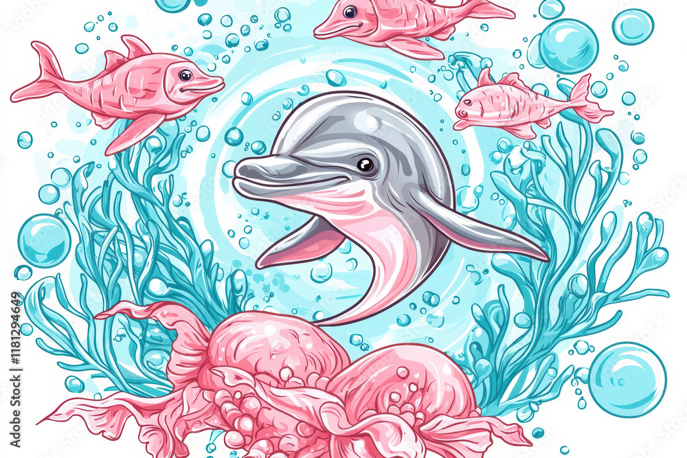 Obraz premium Dolphin swimming with fish in vibrant underwater scene full of bubbles