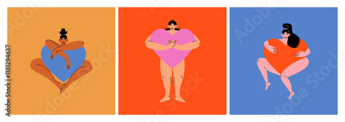 Woman holding big hearts. Cartoon female characters with huge love symbols, valentines day romantic cards, friendship relationship self love concept. Vector flat set