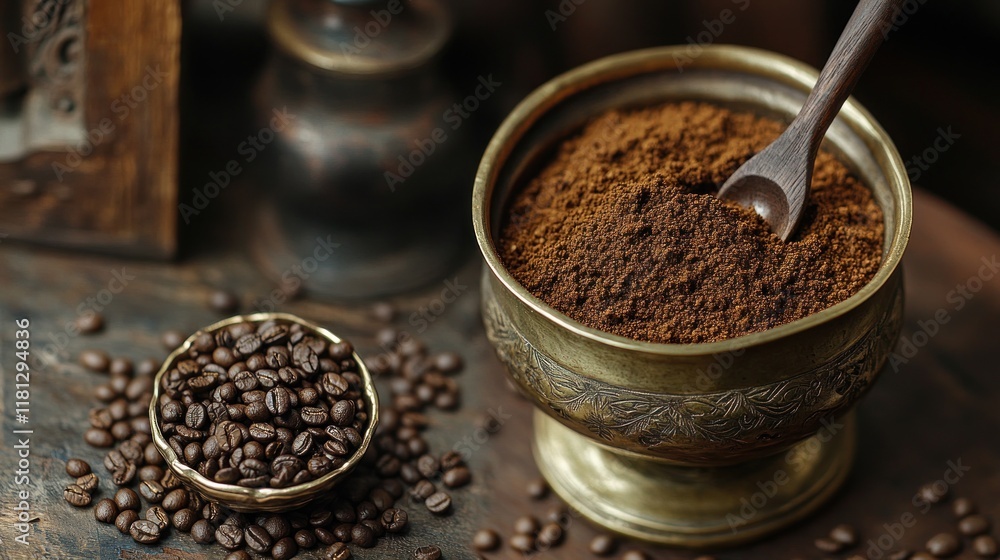 Close-up of ground coffee in a traditional brass bowl with a wooden spoon, set on a vintage table with coffee beans surrounding it Close-up of ground coffee in a traditional brass bowl with a wooden spoon, set on a vintage table with coffee beans surrounding it