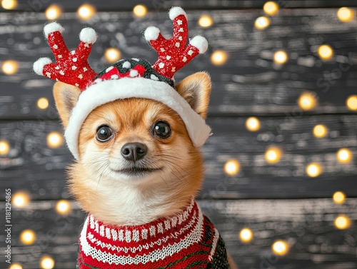 A festive Chihuahua wearing a reindeer antler hat and a Christmas sweater, set against a backdrop of twinkling lights. photo