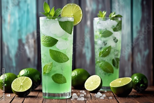 Mojito cocktail with lime and mint on a wooden table surrounded by fresh green leaves and ice cubes in a refreshing summer or spring setting photo