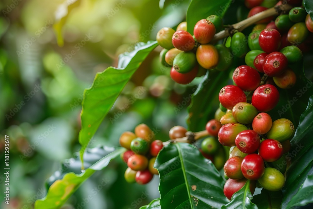 Ripe red coffee beans growing on a coffee plant on a sunny day Ripe red coffee beans growing on a coffee plant on a sunny day