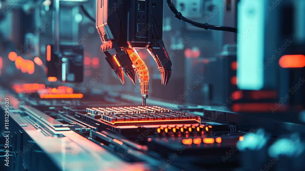 Robotic arm assembling circuit boards in a high-tech manufacturing facility at night Robotic arm assembling circuit boards in a high-tech manufacturing facility at night