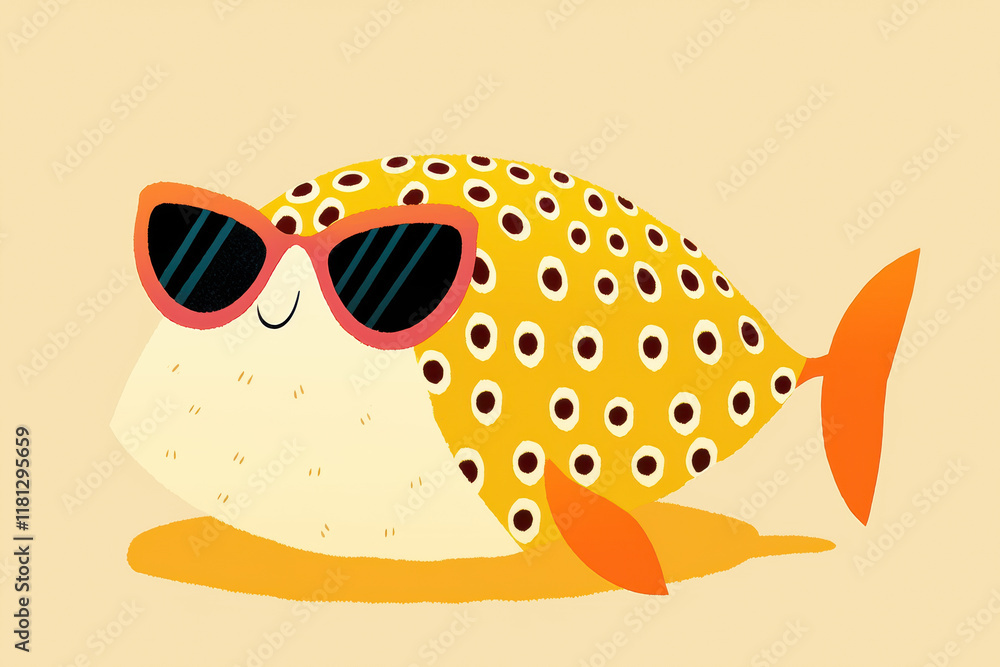 Fototapeta premium cheerful pufferfish wearing sunglasses, relaxing on sandy beach