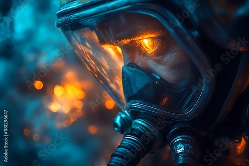 Fiery Glowing Eyes Behind Protective Gas Mask photo