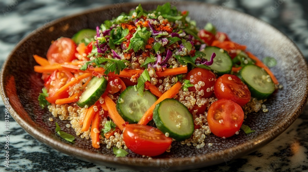 Colorful salad with quinoa, cherry tomatoes, cucumbers, and shredded carrots on a rustic plate, capturing a bright, healthful aesthetic Colorful salad with quinoa, cherry tomatoes, cucumbers, and shredded carrots on a rustic plate, capturing a bright, healthful aesthetic