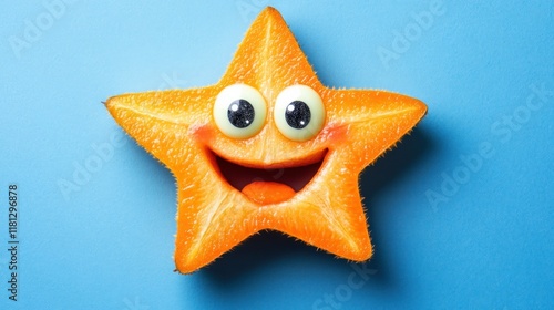 Star-shaped carambola fruit with a happy face on a blue background. photo