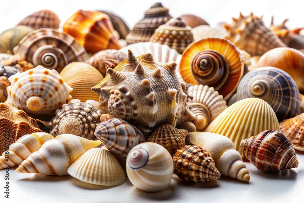 Moody, macro seashell photography: isolated white background, close-up detail, low-light drama. Moody, macro seashell photography: isolated white background, close-up detail, low-light drama.