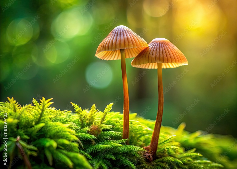 Fototapeta premium Mycena galericulata, the common bonnet, thrives amidst moss, captured with stunning depth of field.